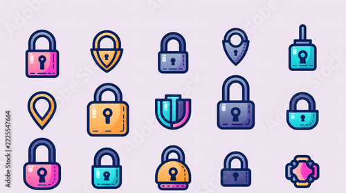 Detailed Lock Icon Collection with Flat Black Line Art for Security Use