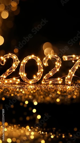 Glowing 2027 numbers formed by golden string lights on glitter surface with bokeh lights. new year celebration and festive sparkle.