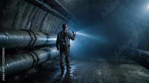 Technician walking through a dark underground heating tunnel with large insulated pipes