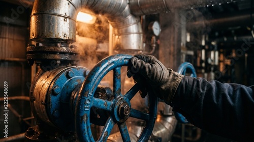 Gloved hand opening a large blue valve wheel on steaming pipes in a dark heating plant
