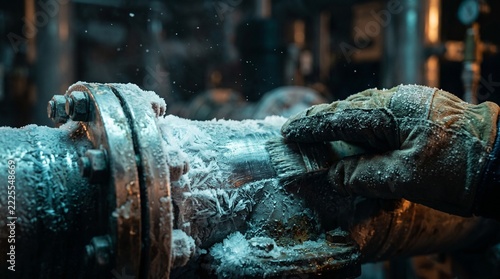 Close up of thick frost forming on a cold pipe joint while a gloved hand brushes the frost