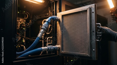 Close up of a rear door heat exchanger swung open on the back of a dark server cabinet