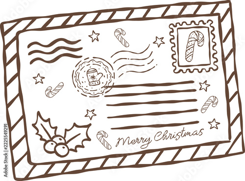 Vintage Christmas postcard with Candy Cane Stamp Doodle Outline Hand Drawn