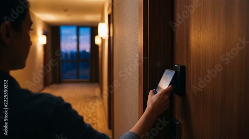 Hotel guest tapping a phone against a plain door reader in a warm corridor at blue hour