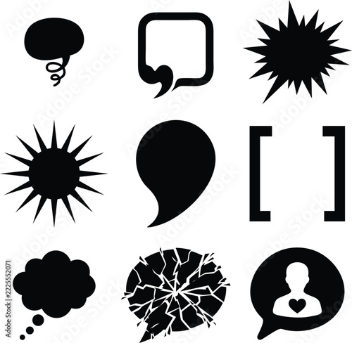 Set of black vector speech bubbles and communication icons in various geometric shapes