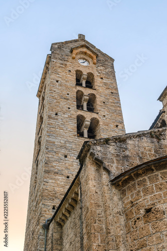 Romanesque Church of Saint-Martin d'Unac Apse and Bell Tower, Low Angle View, Unac, Pyrenees, France