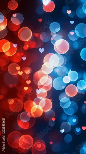 Colorful bokeh heart lights abstract background in red and blue, vertical triptych panels with glowing circles and floating hearts.