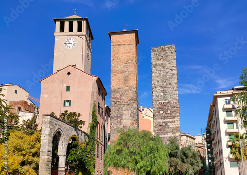 historic complex of the Brandale Tower Torre del Brandale and the Palace of the Elders Palazzo degli Anziani in the city of Savona Liguria, Italy.