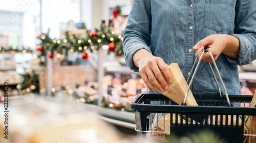 Pre-Christmas shopping for festive holiday gifts. A customer places a packaged wedge of gourmet cheese into a black basket.