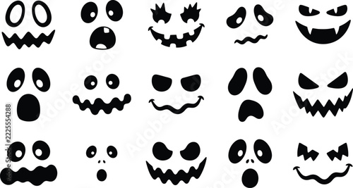 Set of Halloween ghost faces, 15 spooky monster expressions vector, black hand-drawn pumpkin carving silhouettes, creepy cartoon character eyes and mouths.