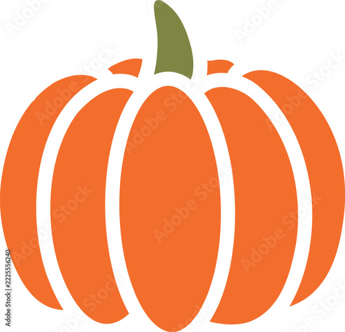 Minimalist flat vector illustration of a bright orange pumpkin with bold black curved stripes and a green stem, isolated on a transparent background.
