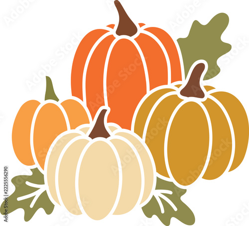 Flat vector illustration of four orange, yellow, and cream pumpkins arranged with olive green oak leaves, featuring bold black outlines and a transparent background.