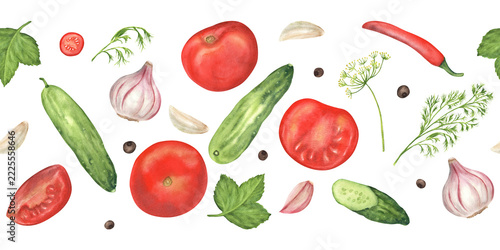 Seamless border with scattered vegetables tomatoes, cucumbers, garlic, chili, dill, horseradish, currant leaves and peppercorns. Hand painted watercolor illustration. For vegetable-themed design