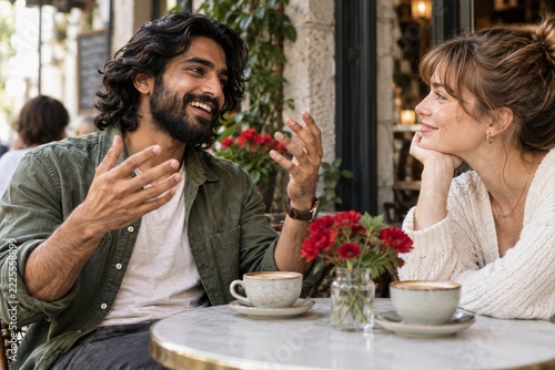 Smiling bearded man gesturing during a cafe conversation beside red flowers