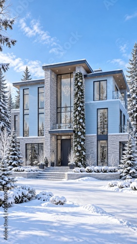 Luxury modern house with tall Christmas garland and silver ornaments in a snowy winter landscape
