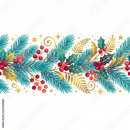 Seamless Winter Foliage Border Vector with Pine Needles and Red Berries