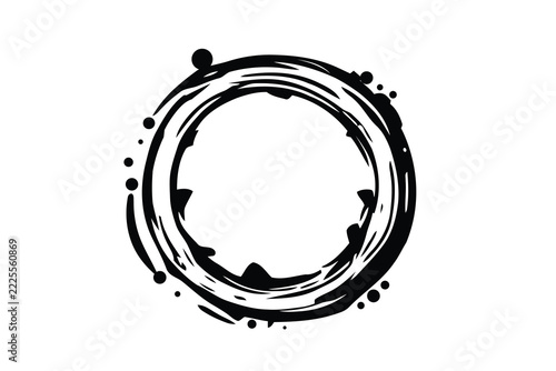 Black ink brush stroke circle frame with dots isolated on white background