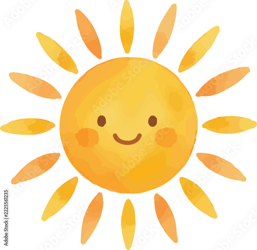 Cute watercolor vector illustration of a childrens yellow sun isolated on white