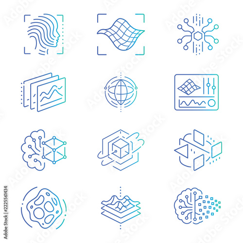 Futuristic AI and technology line icon set