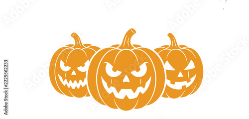 Halloween Pumpkin Trio of Carved Jack O Lantern Faces in Bold Black Silhouette for Spooky Seasonal Decorations