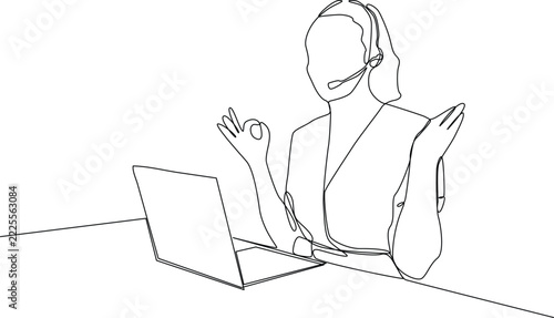 One line drawing of young confused call center worker answering phone call from talkative customer in front laptop.