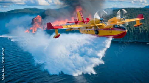 A yellow firefighting aircraft flies low over water beside a burning forest, illustrating wildfire response, aerial firefighting and emergency operations