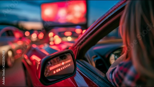 A woman sits in a car facing a large outdoor movie screen, illustrating drive-in cinema, evening entertainment and watching films from a vehicle
