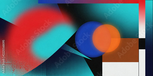 Retro 90s abstract composition with geometric shapes, vibrant gradients, halftone patterns, and bold color blocks in cyan, red, blue, and orange
