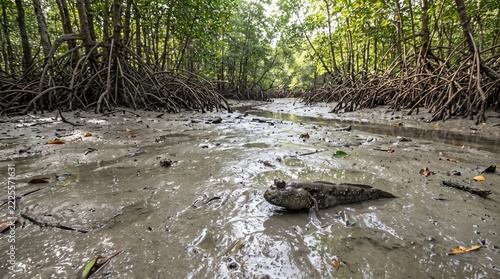 Wide environmental landscape of a Giant Mudskipper in a mangrove mudflat ecosystem