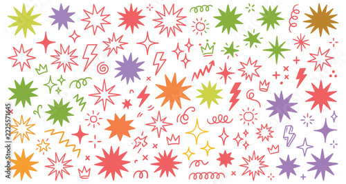 Colorful hand drawn star doodle set, Y2K retro sparkle vector background