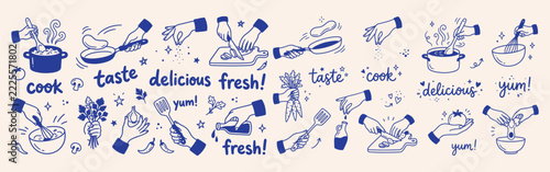 Hand drawn cooking doodle element set, retro kitchen vector banner background