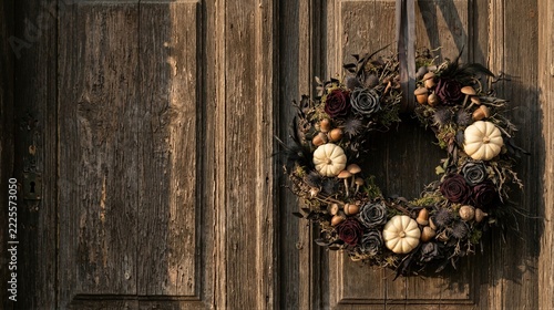Autumn wreath with pumpkins, roses and acorns hanging on rustic wooden door. Seasonal fall decoration for home entrance. Thanksgiving and harvest celebration. Copy space for greeting card