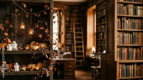 Halloween display with pumpkins, ghost decorations and candles in a library. Autumn seasonal decor among antique bookshelves. Halloween celebration and fall harvest.