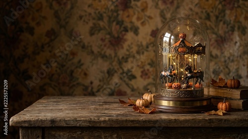 Halloween carousel ornament under glass dome with pumpkins on rustic wooden table. Autumn holiday decoration and seasonal display. Whimsical vintage decor for Halloween celebration and fall