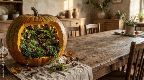 Carved pumpkin terrarium with succulents and tiny mushrooms on rustic dining table. Halloween centerpiece and autumn home decor. Creative pumpkin carving, miniature garden and seasonal craft