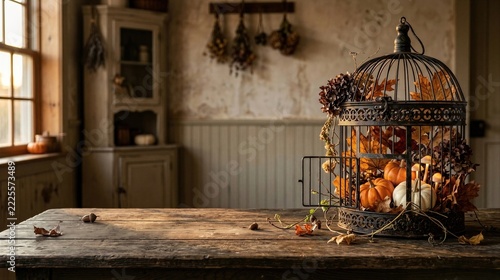 Decorative birdcage filled with pumpkins, autumn leaves and dried flowers on rustic farmhouse table. Fall harvest still life. Seasonal home decor and Thanksgiving centerpiece.