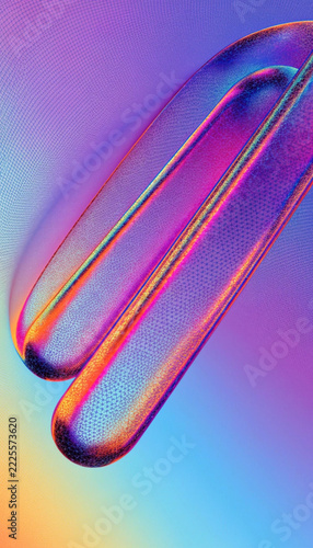 Holographic abstract shapes with vibrant rainbow colors on a textured background for modern design.