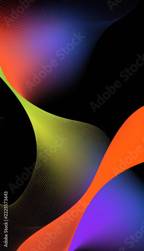 Abstract swirling waves with neon colors and dark background for graphic design element.