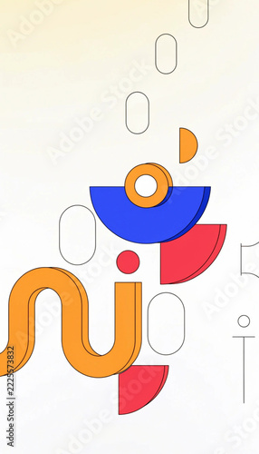 Abstract geometric composition with wavy lines and rounded shapes in orange blue and red.