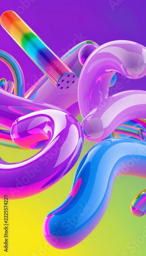 abstract colorful swirling tubes with glossy texture and bokeh for design.