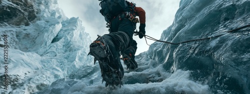 Climber Ascending Icy Terrain with Crampons and Ropes in Challenging Mountaineering Conditions