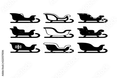 Christmas sleigh icon set featuring various Santa sled silhouettes isolated on white background for holiday graphic design projects