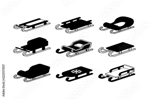 Sleigh icons set featuring various winter sled designs in a clean isometric vector illustration style