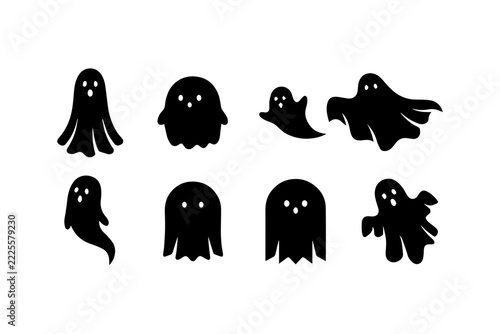 Cute Ghost Icons Set, Collection of Spooky Halloween Characters, Flat Black Silhouettes Isolated on White Background