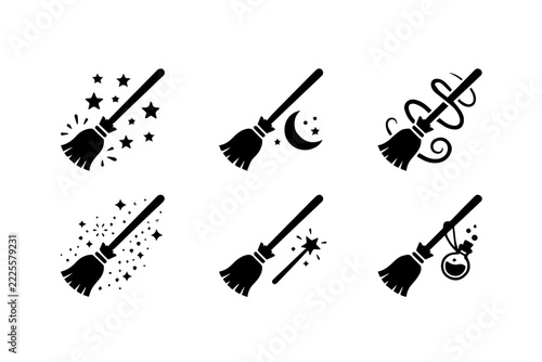Magic broomstick icon set featuring witch broom with stars, moon, magic wand, and potion bottle, black silhouette vector illustration