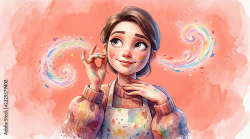 Watercolor portrait of smiling young woman artist with paint swirls.