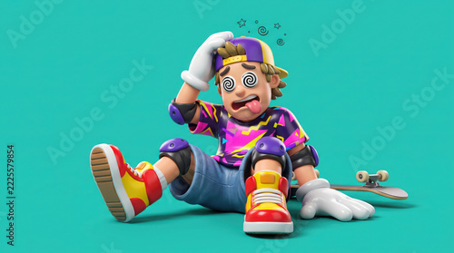 Dizzy cartoon skater boy sitting after fall.
