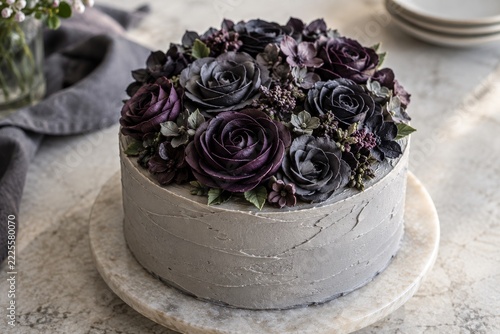 Gray frosted cake topped with dark buttercream roses on pale stone