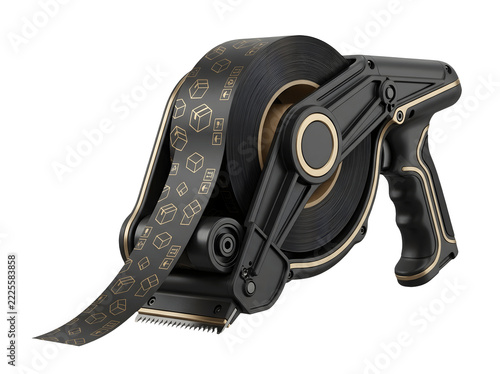Tape dispenser with printed packaging tape isolated on transparent
