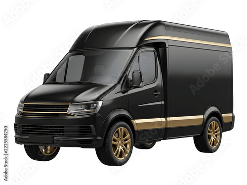 Black delivery van with gold accents isolated on transparent